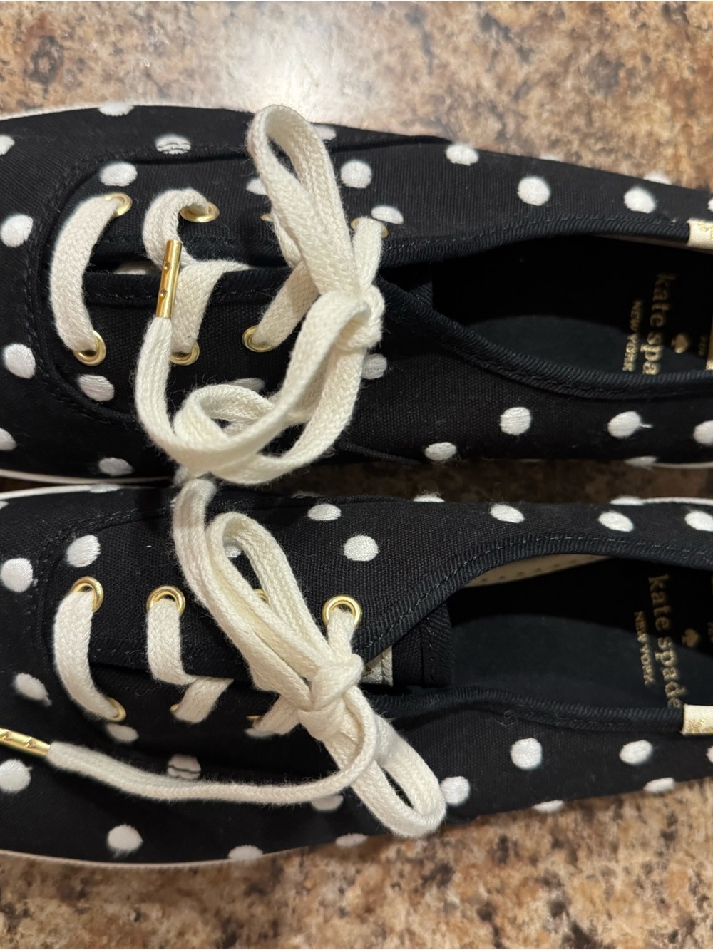 kate spade Black & White Polka Dot Canvas Sneakers with Gold Eyelets- new -